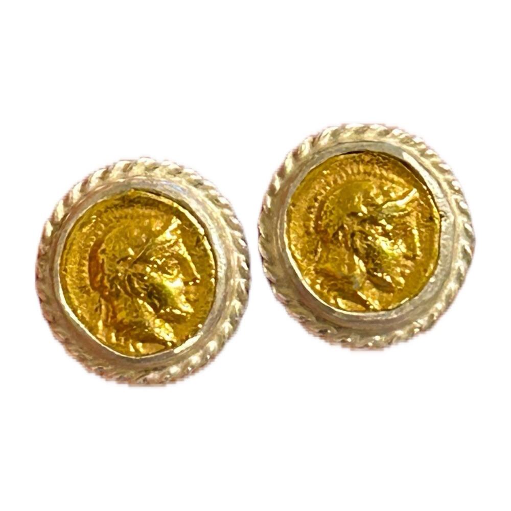 Turkish 925 Sterling Silver 2 Tone Alexander Coin Stud Earrings